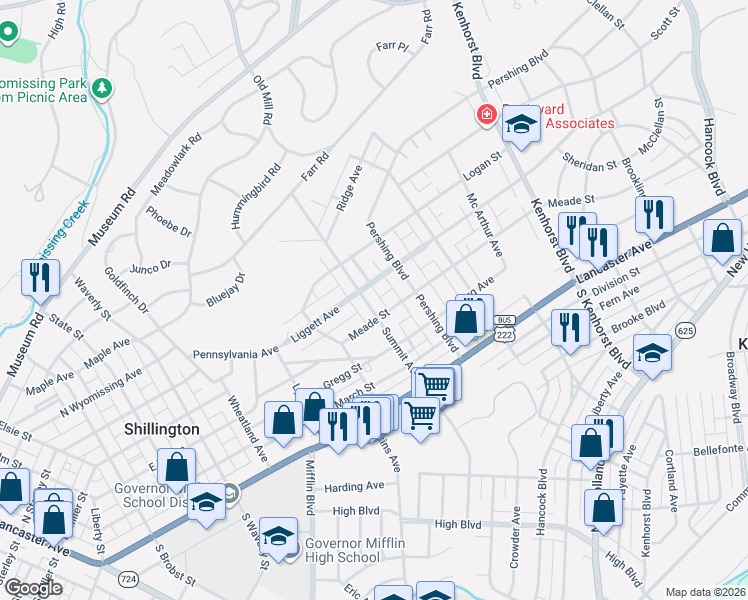 map of restaurants, bars, coffee shops, grocery stores, and more near 401 Summit Avenue in Reading