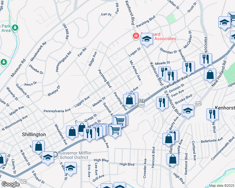 map of restaurants, bars, coffee shops, grocery stores, and more near 219 Pershing Boulevard in Reading