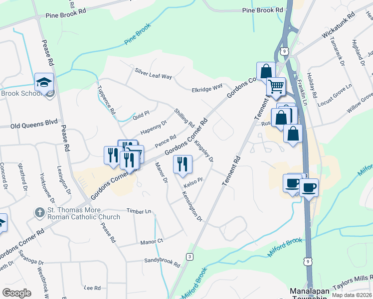 map of restaurants, bars, coffee shops, grocery stores, and more near 341 Gordons Corner Road in Manalapan Township