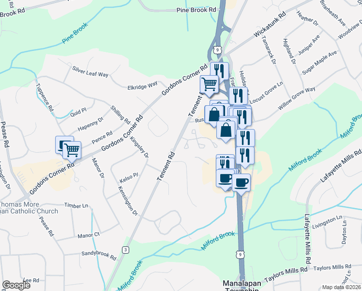map of restaurants, bars, coffee shops, grocery stores, and more near 434 Hampton Court in Manalapan Township