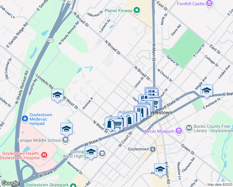 map of restaurants, bars, coffee shops, grocery stores, and more near 205 Doyle Street in Doylestown