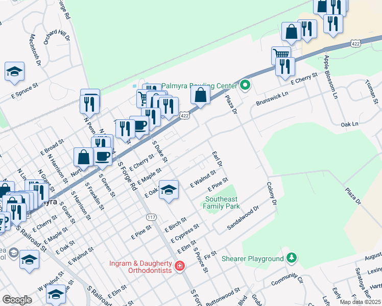 map of restaurants, bars, coffee shops, grocery stores, and more near 959 East Maple Street in Palmyra