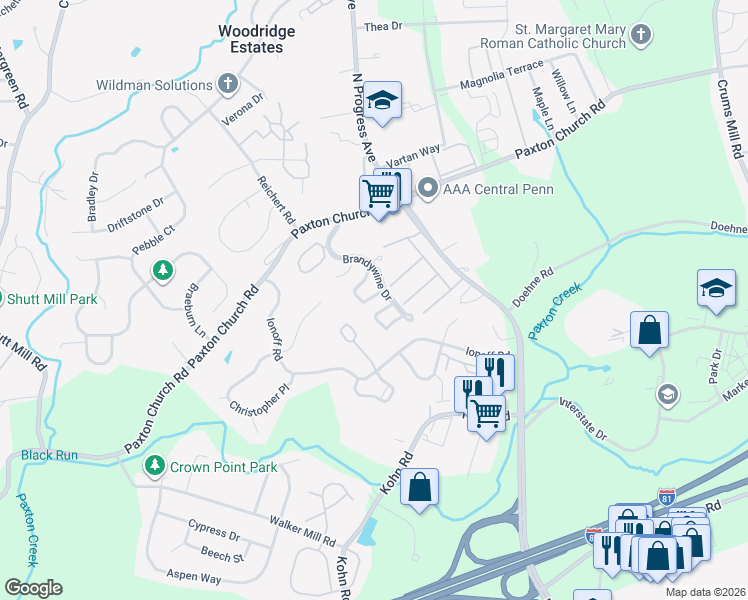 map of restaurants, bars, coffee shops, grocery stores, and more near 2228 Concord Circle in Harrisburg