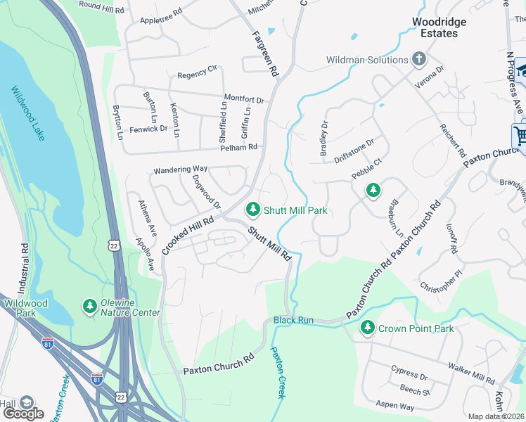 map of restaurants, bars, coffee shops, grocery stores, and more near 1653 Pebble Brook Lane in Harrisburg