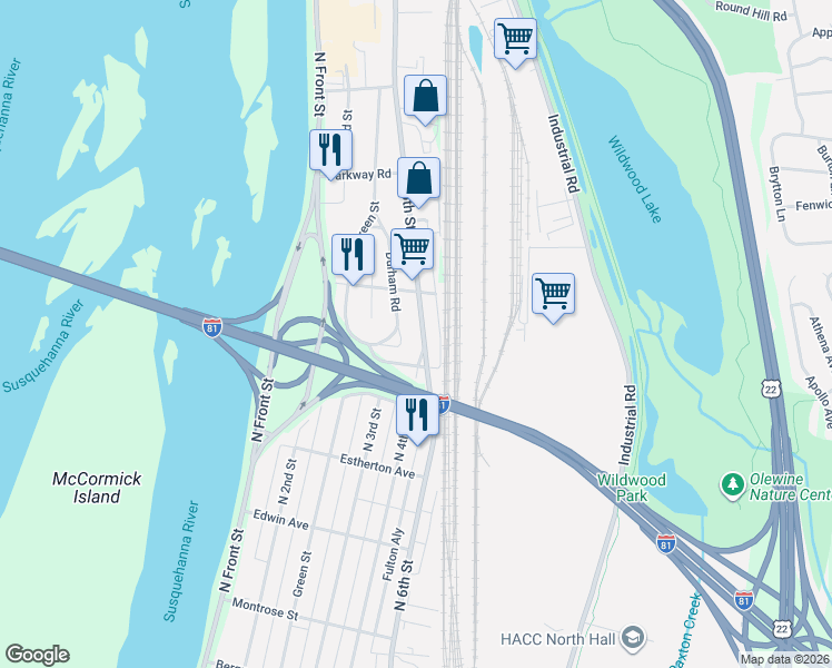 map of restaurants, bars, coffee shops, grocery stores, and more near 3875 North 6th Street in Harrisburg