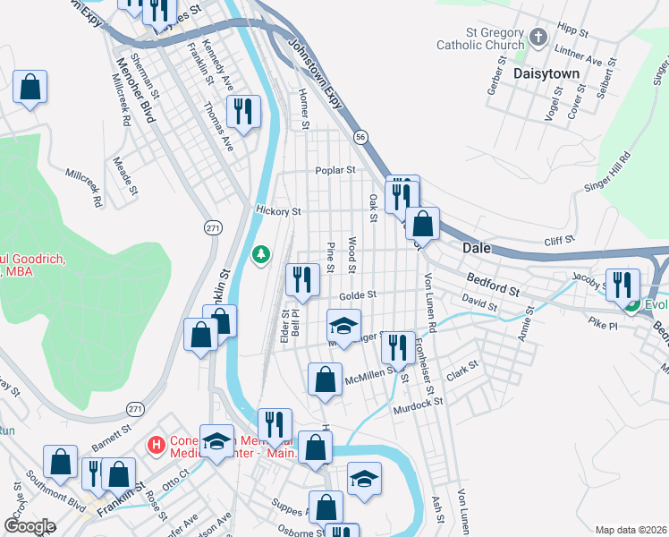 map of restaurants, bars, coffee shops, grocery stores, and more near 501-599 Sparrow Place in Johnstown