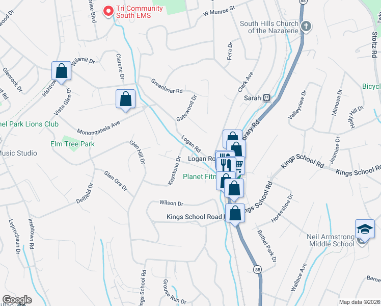 map of restaurants, bars, coffee shops, grocery stores, and more near 5811 Keystone Drive in Bethel Park