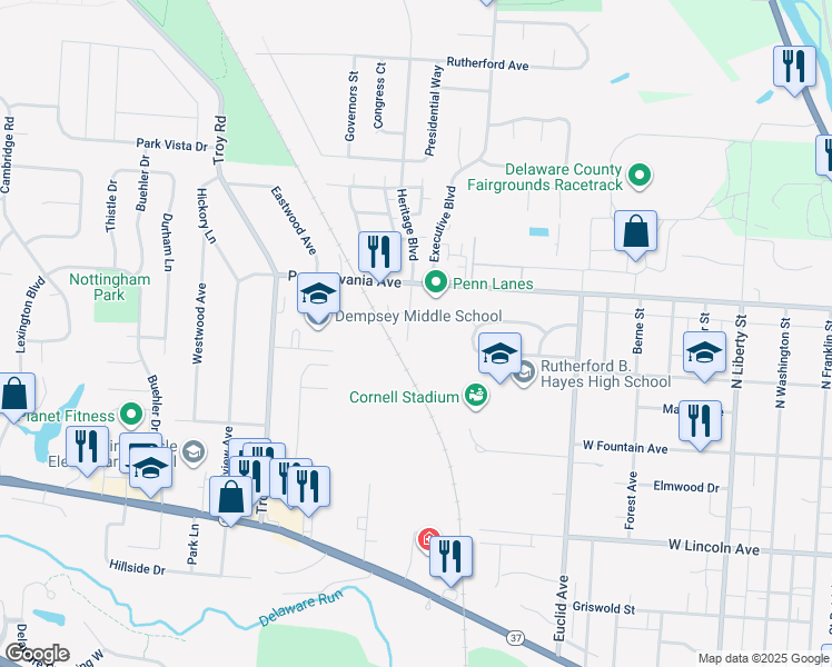 map of restaurants, bars, coffee shops, grocery stores, and more near 36 Oakwood Drive in Delaware