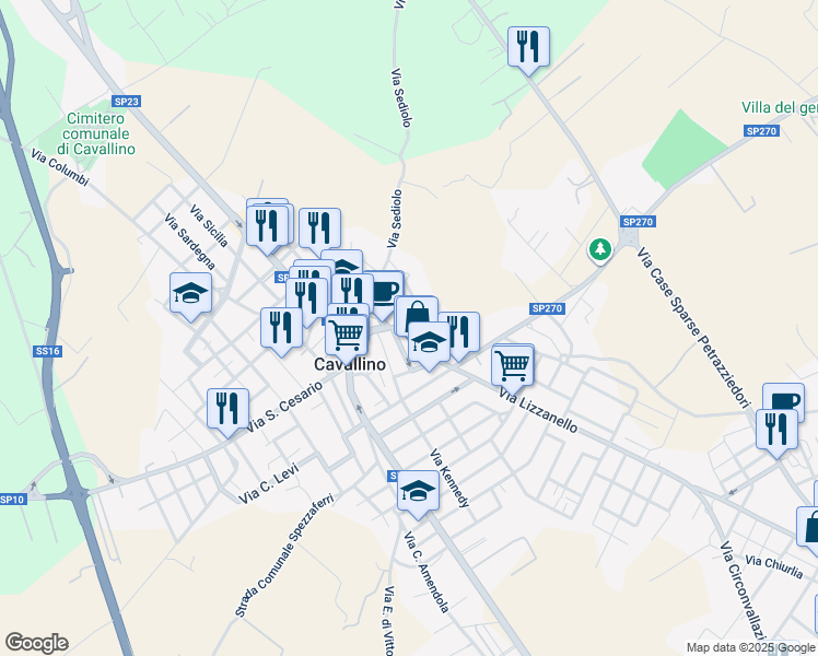 map of restaurants, bars, coffee shops, grocery stores, and more near 5 Via Giacomo Leopardi in Cavallino