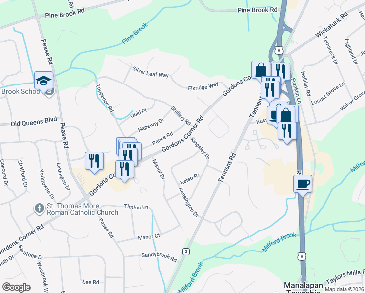 map of restaurants, bars, coffee shops, grocery stores, and more near 341 Gordons Corner Road in Manalapan Township
