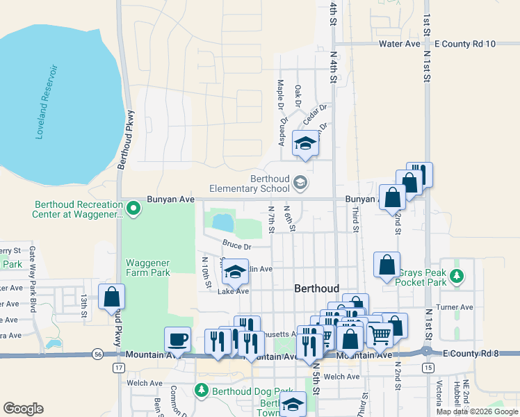 map of restaurants, bars, coffee shops, grocery stores, and more near 710 Bunyan Avenue in Berthoud