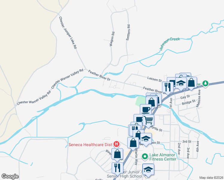map of restaurants, bars, coffee shops, grocery stores, and more near Feather River Dr in Chester
