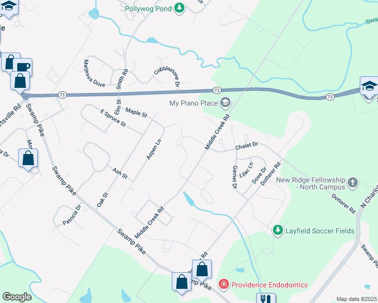 map of restaurants, bars, coffee shops, grocery stores, and more near 187 Tulip Lane in Gilbertsville