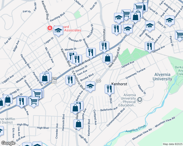 map of restaurants, bars, coffee shops, grocery stores, and more near 1119 Brooke Boulevard in Reading