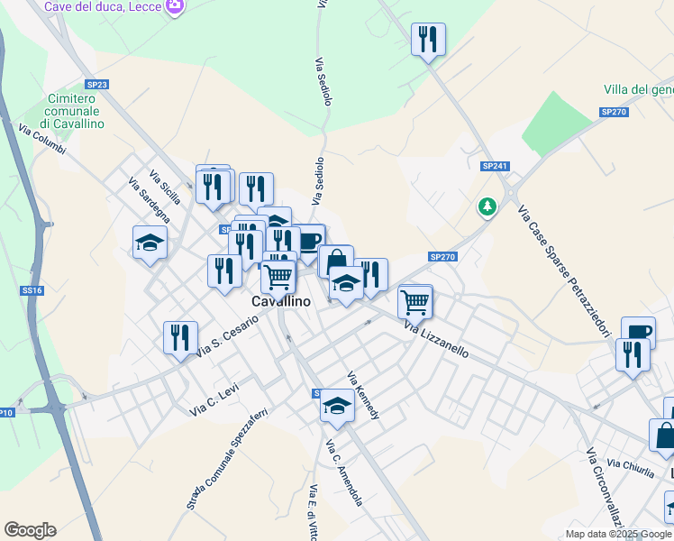 map of restaurants, bars, coffee shops, grocery stores, and more near 5 Via Giacomo Leopardi in Cavallino