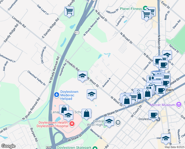 map of restaurants, bars, coffee shops, grocery stores, and more near 414 Henley Court in Doylestown