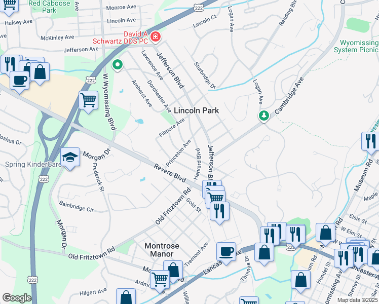 map of restaurants, bars, coffee shops, grocery stores, and more near 212 Harvard Boulevard in Reading