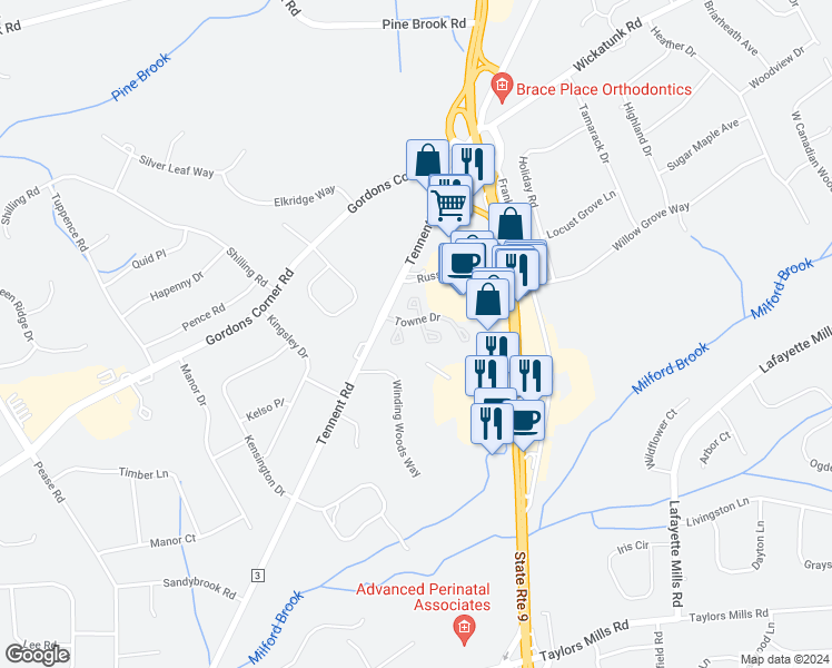 map of restaurants, bars, coffee shops, grocery stores, and more near 205 Paddington Court in Manalapan Township