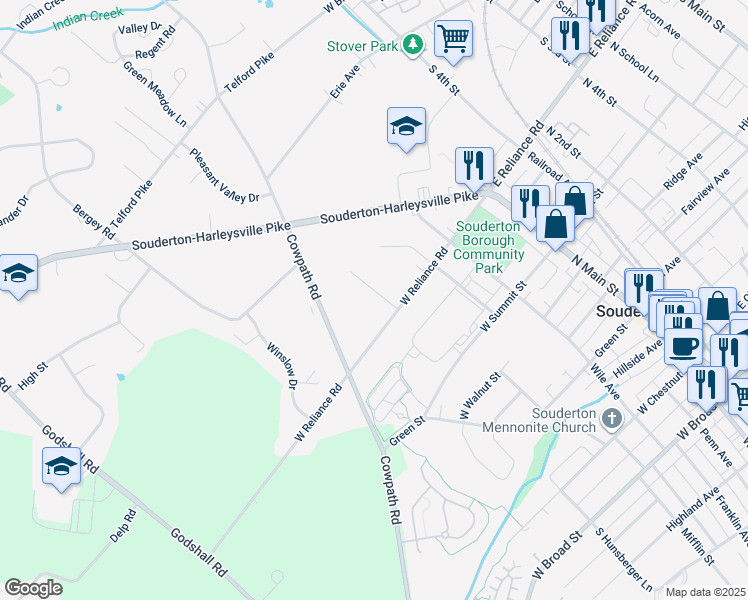 map of restaurants, bars, coffee shops, grocery stores, and more near 360 Oak Drive in Souderton
