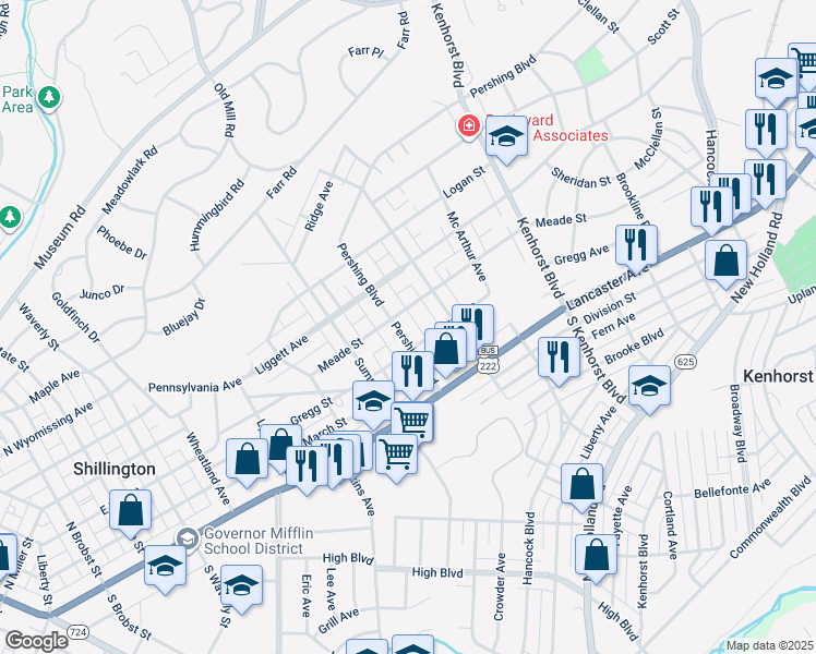 map of restaurants, bars, coffee shops, grocery stores, and more near 219 Pershing Boulevard in Reading