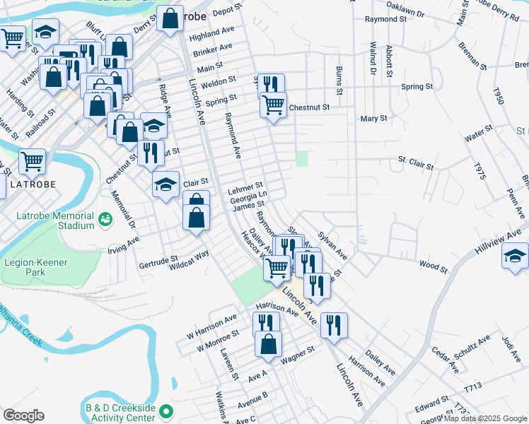 map of restaurants, bars, coffee shops, grocery stores, and more near 700 James Street in Latrobe