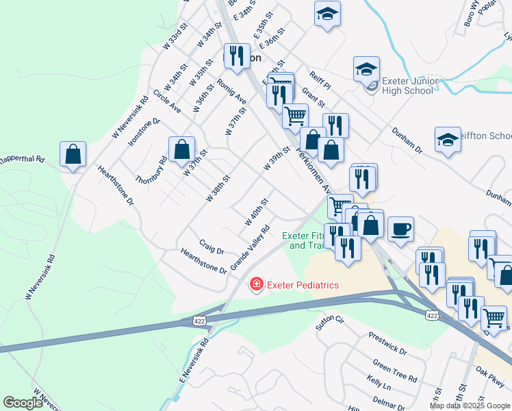 map of restaurants, bars, coffee shops, grocery stores, and more near 210 West 40th Street in Reading