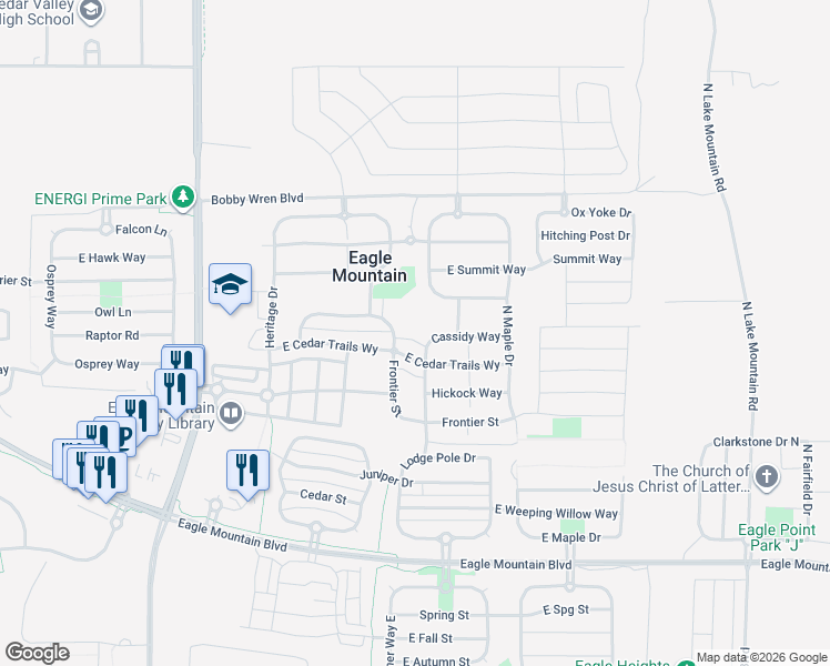 map of restaurants, bars, coffee shops, grocery stores, and more near 1039 East Abbey Way in Eagle Mountain