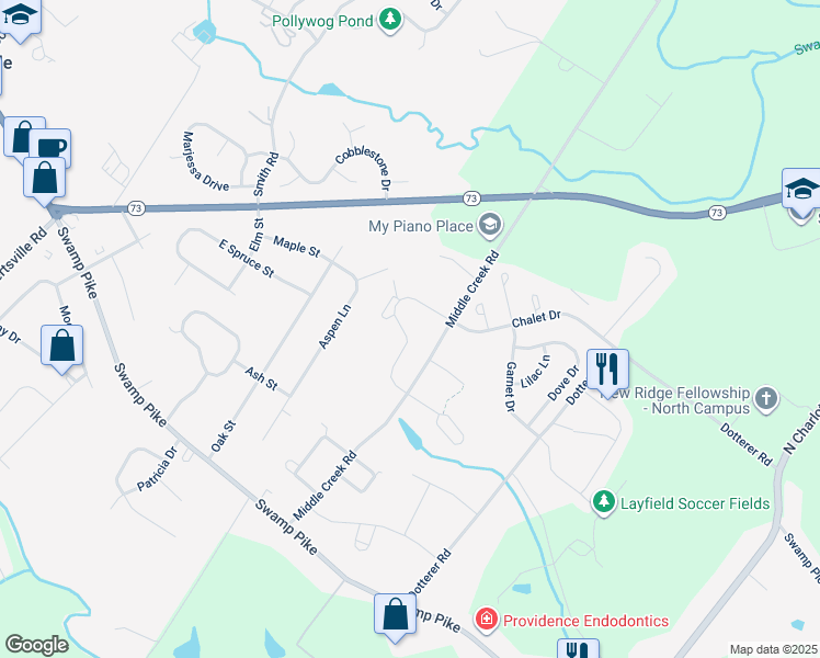 map of restaurants, bars, coffee shops, grocery stores, and more near 185 Tulip Lane in Gilbertsville