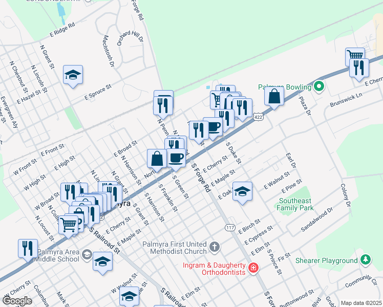 map of restaurants, bars, coffee shops, grocery stores, and more near 717 East Main Street in Palmyra