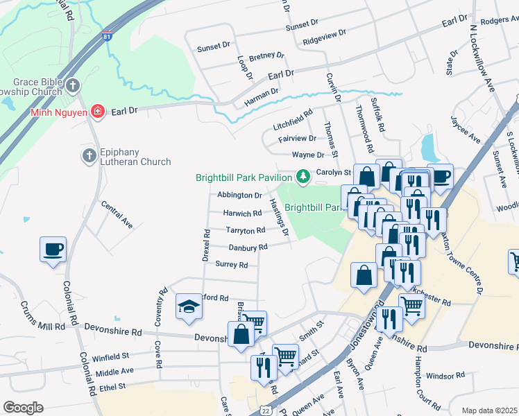 map of restaurants, bars, coffee shops, grocery stores, and more near 4620 Harwich Road in Harrisburg