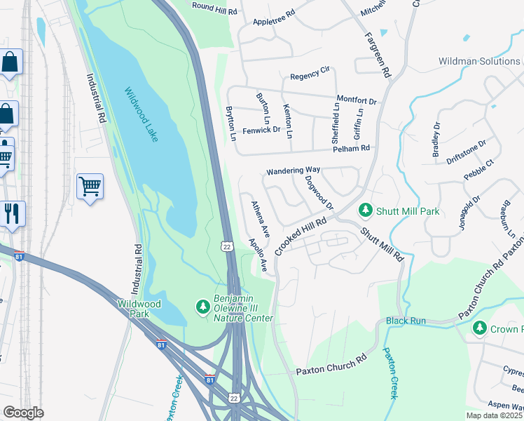 map of restaurants, bars, coffee shops, grocery stores, and more near 3541 Athena Avenue in Harrisburg