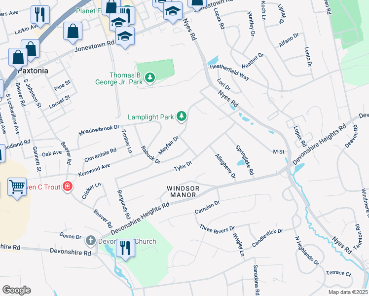 map of restaurants, bars, coffee shops, grocery stores, and more near 419 Rabuck Drive in Harrisburg