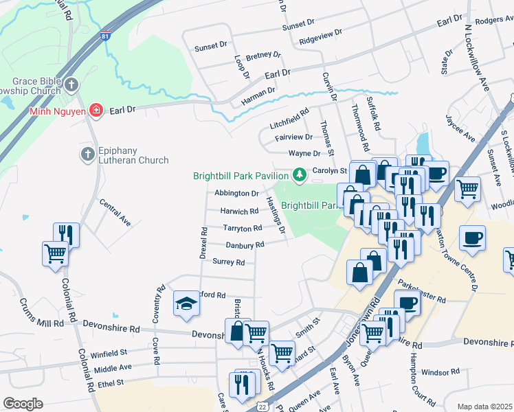 map of restaurants, bars, coffee shops, grocery stores, and more near 4620 Harwich Road in Harrisburg