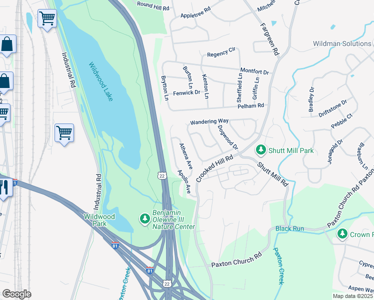 map of restaurants, bars, coffee shops, grocery stores, and more near 3541 Athena Avenue in Harrisburg