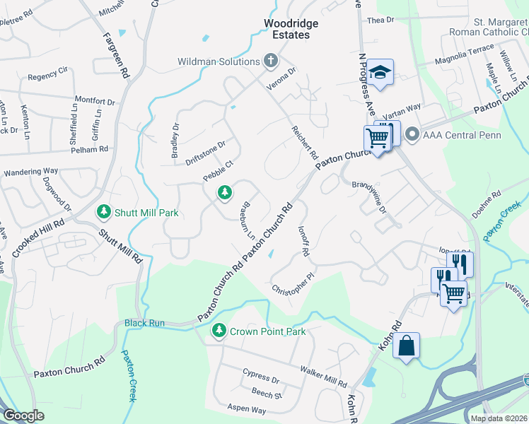map of restaurants, bars, coffee shops, grocery stores, and more near 3209 Jonagold Drive in Harrisburg