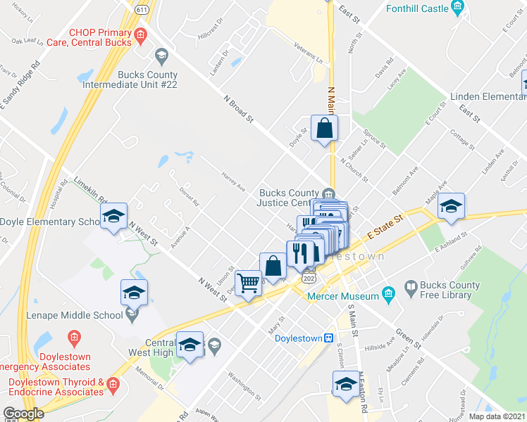 map of restaurants, bars, coffee shops, grocery stores, and more near 194 Harvey Avenue in Doylestown