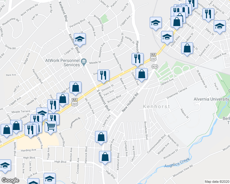map of restaurants, bars, coffee shops, grocery stores, and more near 1140 Fern Avenue in Reading