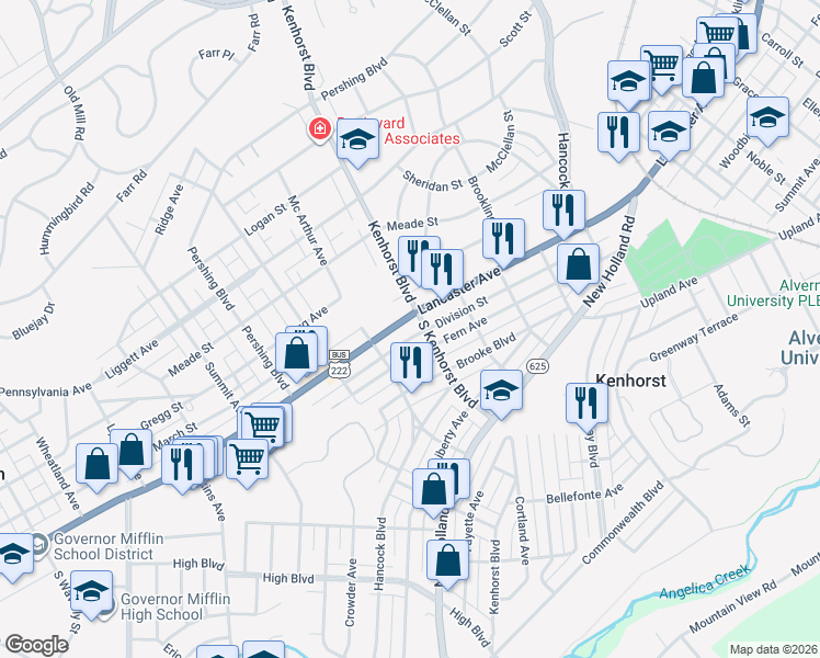 map of restaurants, bars, coffee shops, grocery stores, and more near 1300 Lancaster Avenue in Reading