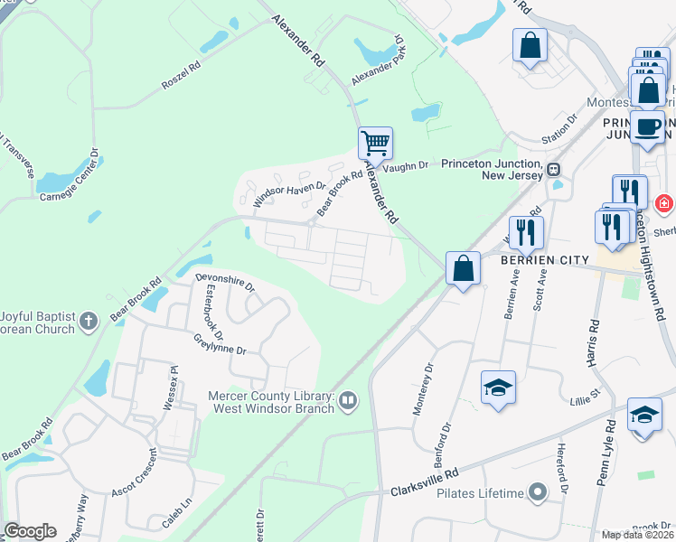 map of restaurants, bars, coffee shops, grocery stores, and more near 15 peacock way in Princeton