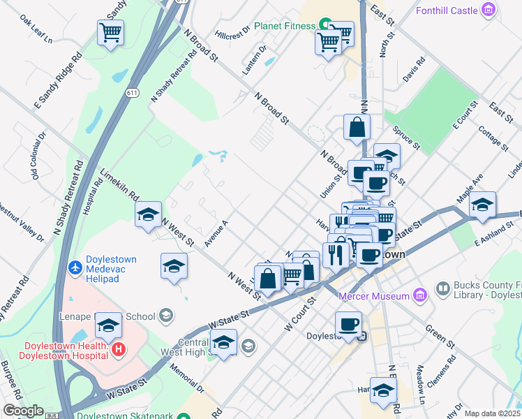 map of restaurants, bars, coffee shops, grocery stores, and more near 251 Doyle Street in Doylestown