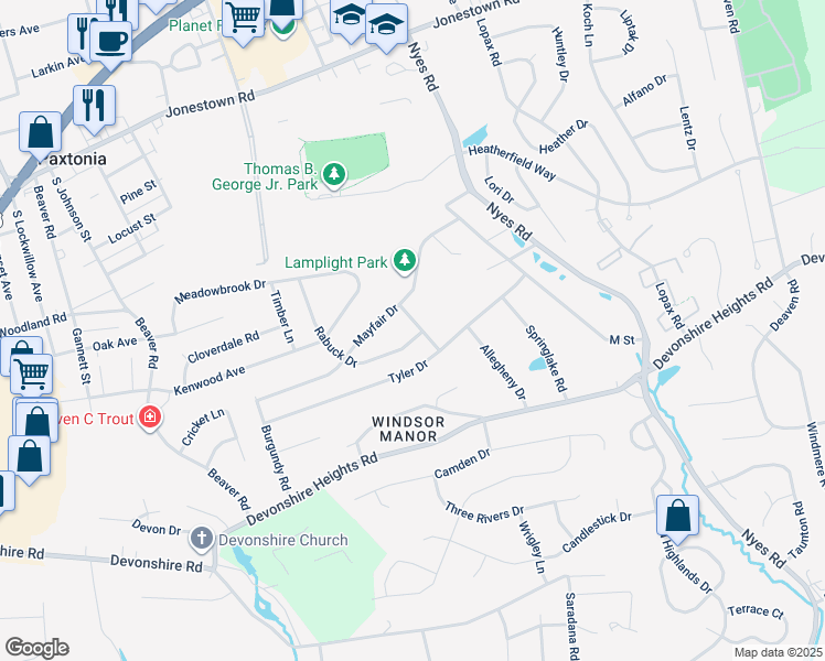 map of restaurants, bars, coffee shops, grocery stores, and more near 419 Rabuck Drive in Harrisburg