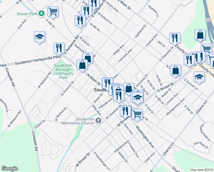 map of restaurants, bars, coffee shops, grocery stores, and more near in Souderton