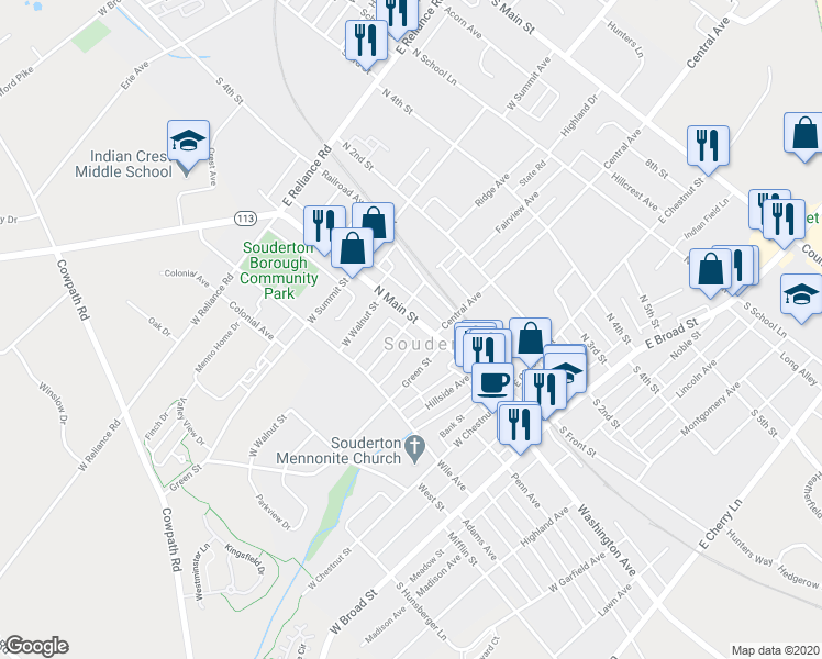 map of restaurants, bars, coffee shops, grocery stores, and more near in Souderton