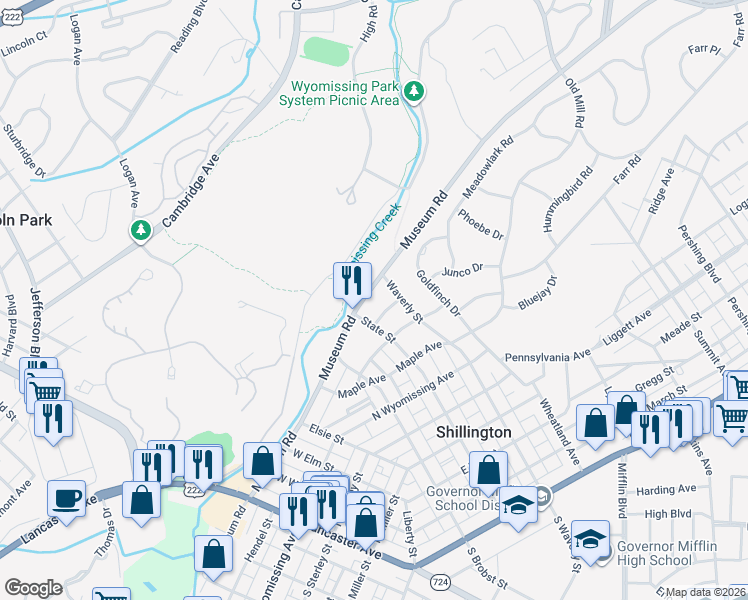 map of restaurants, bars, coffee shops, grocery stores, and more near 711 State Street in Shillington