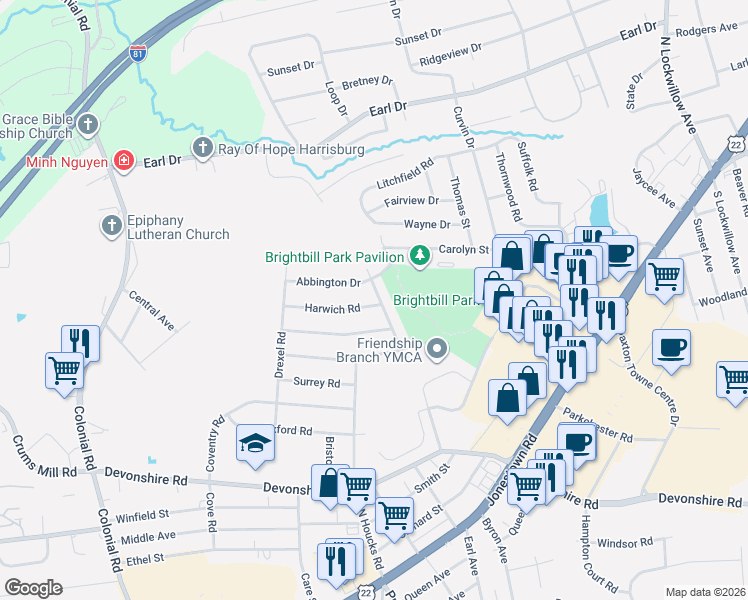 map of restaurants, bars, coffee shops, grocery stores, and more near 4621 Abbington Drive in Harrisburg