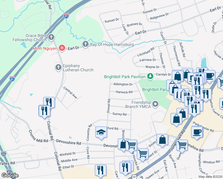 map of restaurants, bars, coffee shops, grocery stores, and more near 703 Drexel Road in Harrisburg