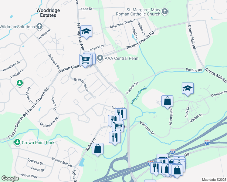 map of restaurants, bars, coffee shops, grocery stores, and more near 3001 North Progress Avenue in Harrisburg