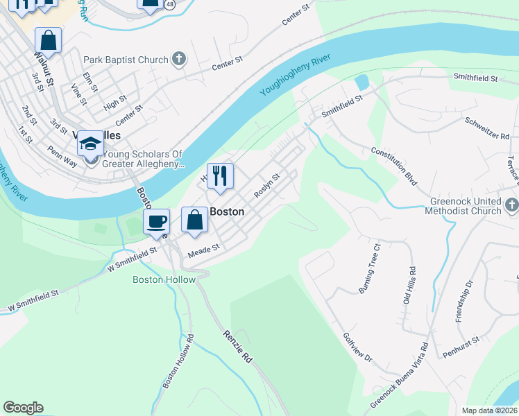map of restaurants, bars, coffee shops, grocery stores, and more near 6009 Meade Street in Boston