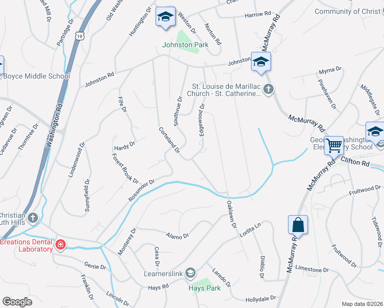 map of restaurants, bars, coffee shops, grocery stores, and more near 2540 Edgewood Drive in Pittsburgh