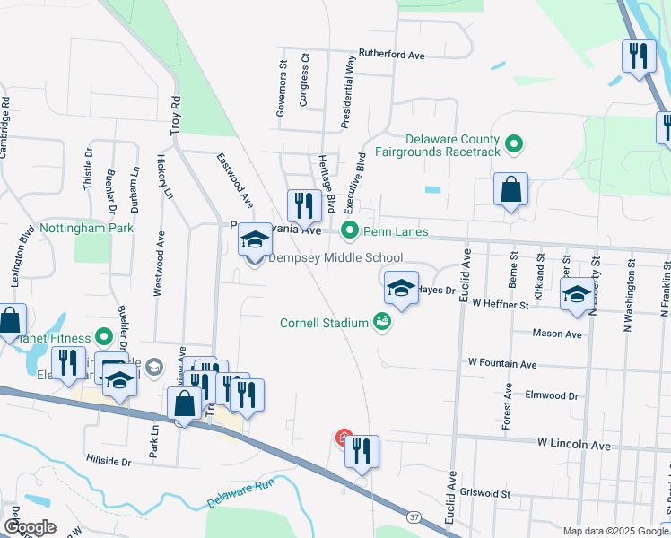 map of restaurants, bars, coffee shops, grocery stores, and more near 36 Oakwood Drive in Delaware